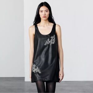 Zara Black Faux Leather Dress with Silver Embroidery NWT